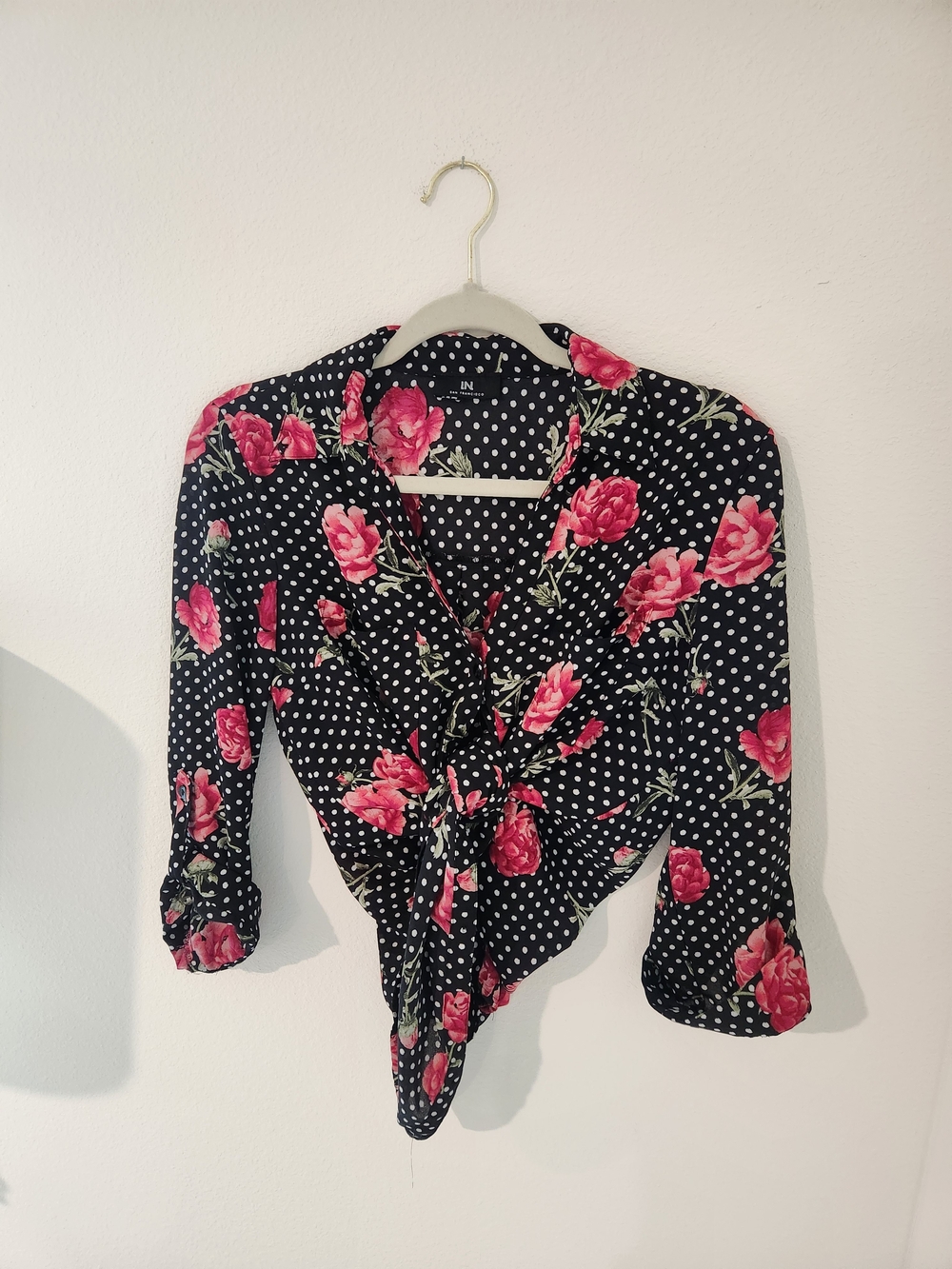 Floral Tie-Front Blouse in Black with Pink Roses